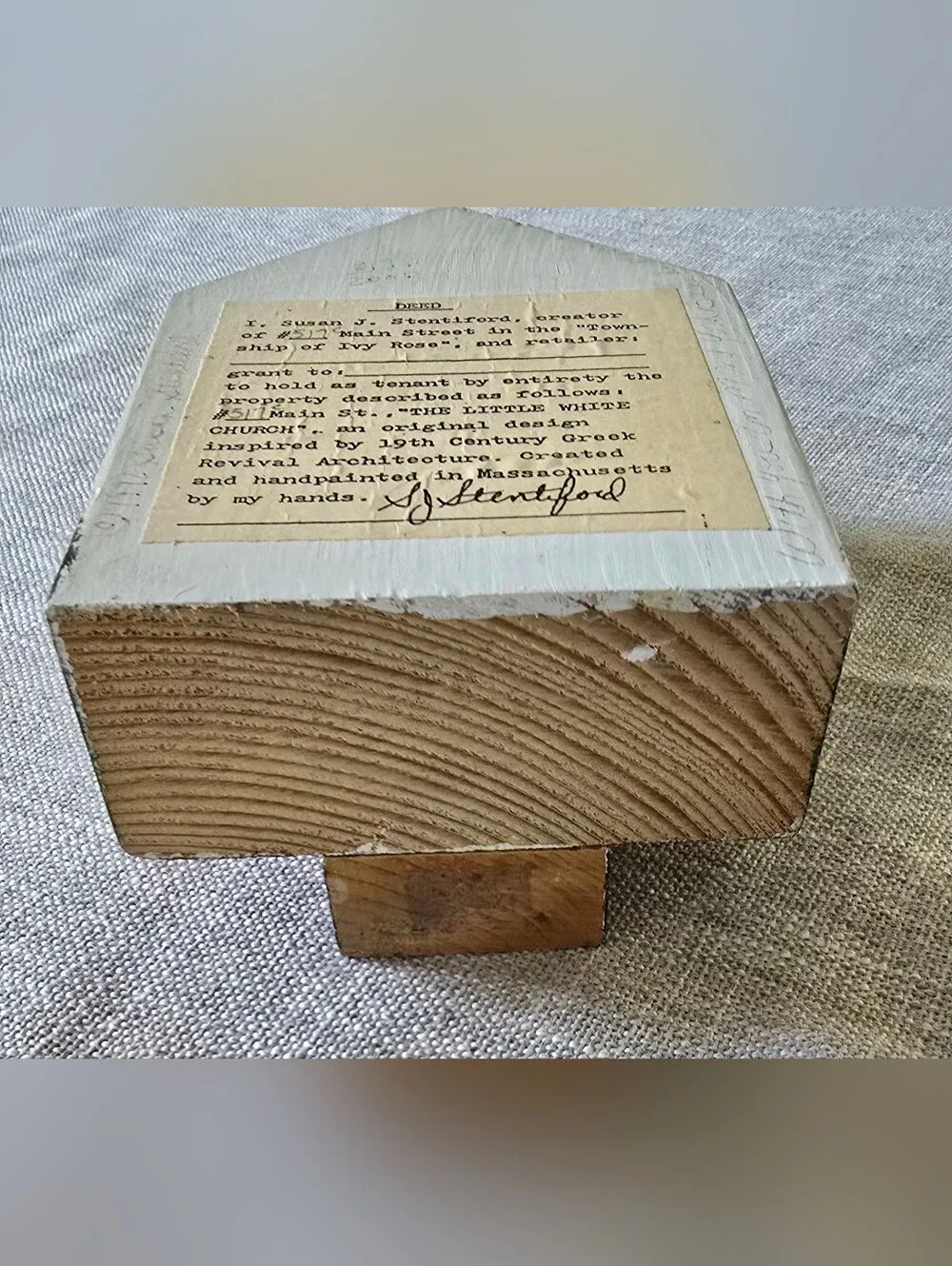 Vintage Susan J Stentiford Little White Church Wood Shelf Sitter Signed Decor